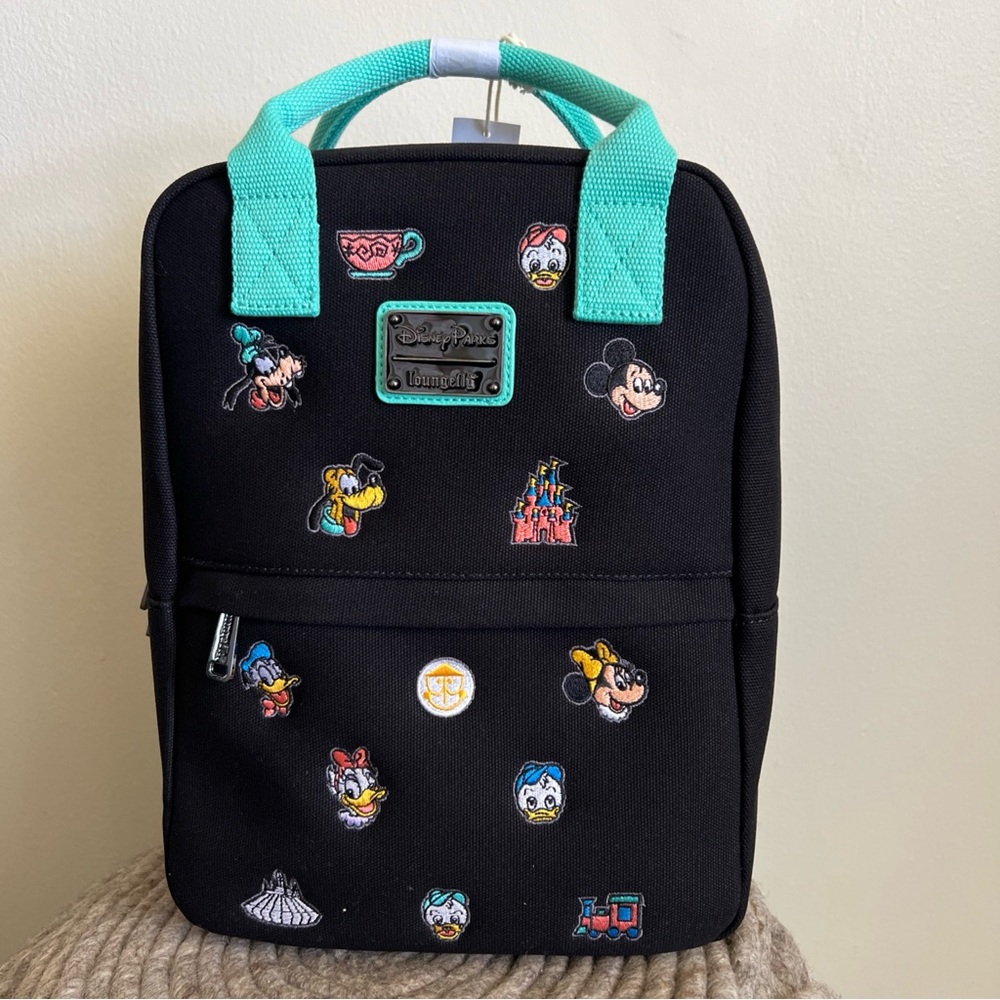 Disney Parks Black Embroided Loungefly Canvas Backpack Purse Mickey Pluto Donald